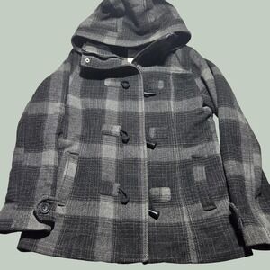 HM LOGG Wool Blend Plaid Duffle Coat Grey Black Y2K Hooded Toggle Jacket Womens
